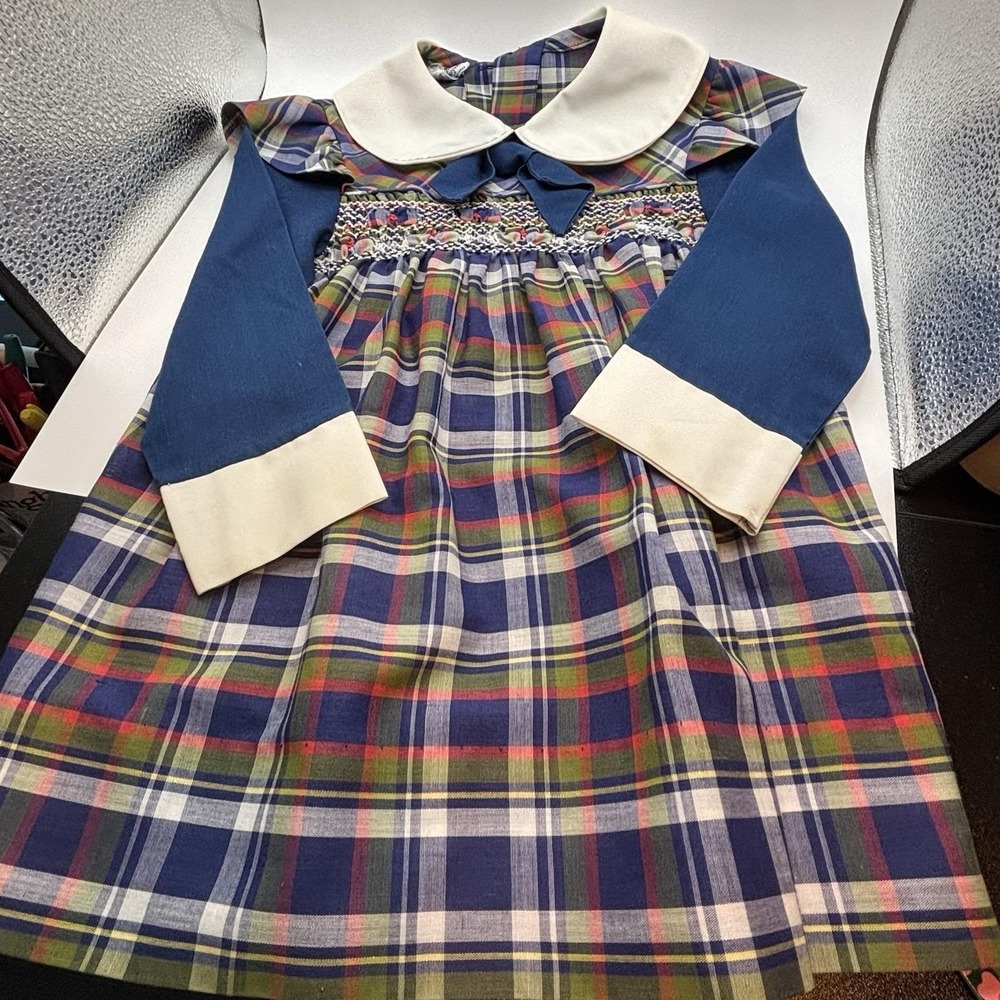Vintage Polly Flinders 4T Girl Dress Smocked HandEmbroidered Plaid Collared